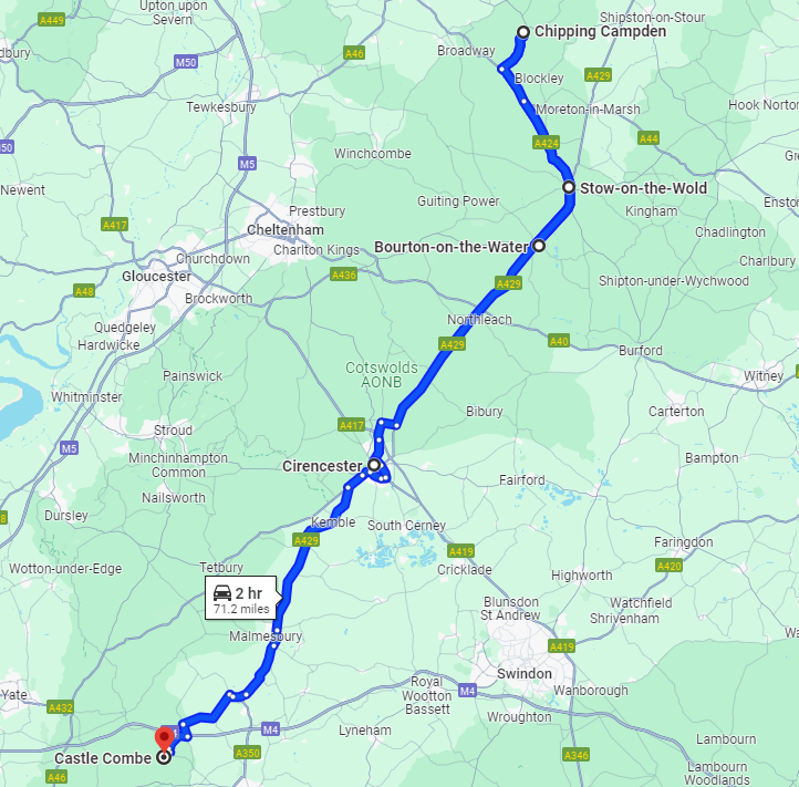 A map of the stops on Cotswold Weekend Roadtrip