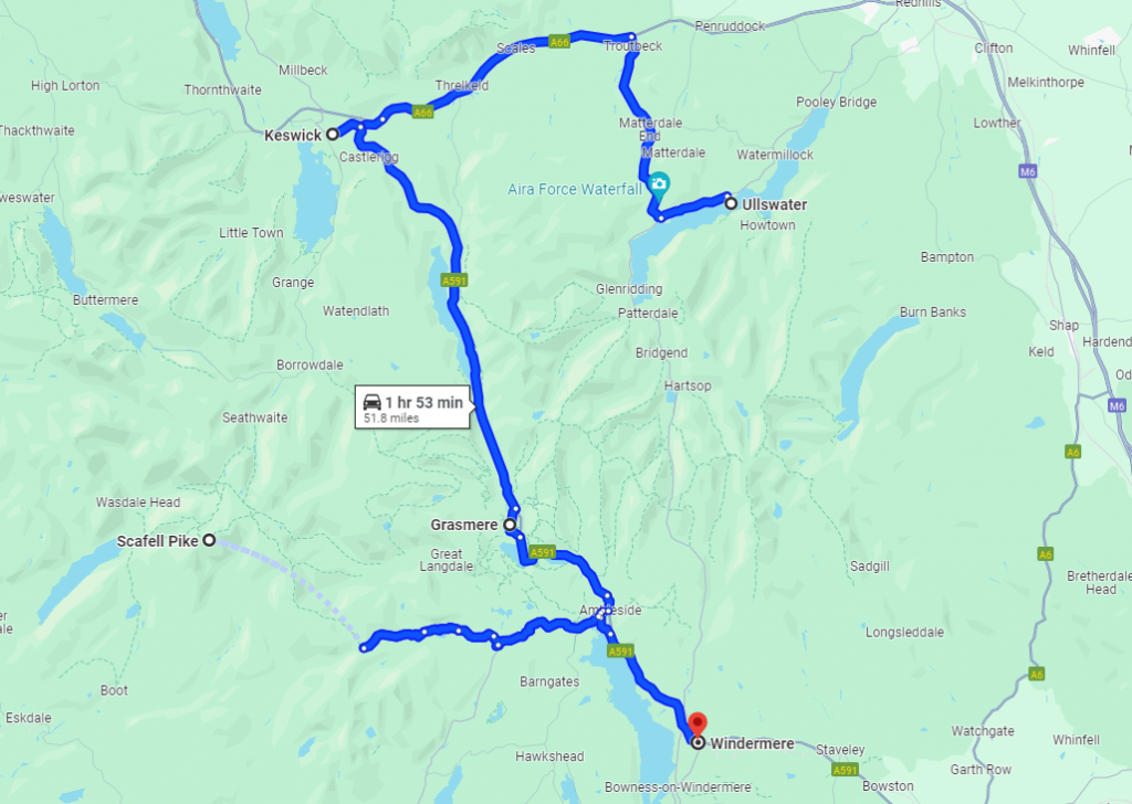 Weekend Road Trip - Lake District Map with stops