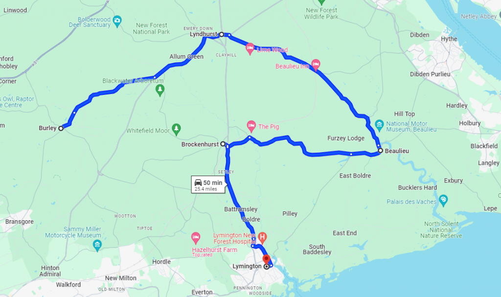 Weekend Road Trip - New Forest with stops on a map