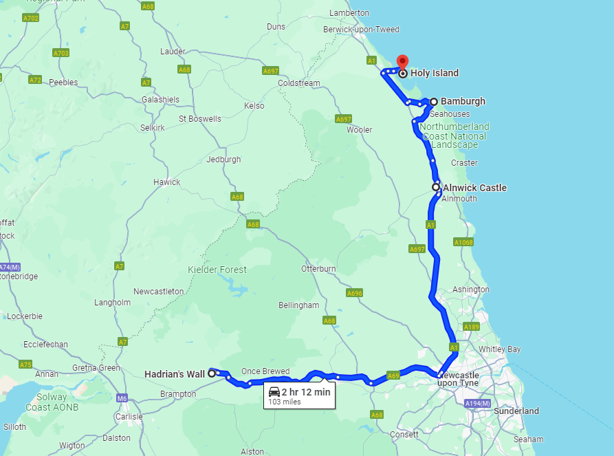 Weekend Road Trip - Northumberland with stops on a map