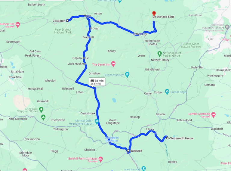 Weekend Road Trip - Peak District Map with stops