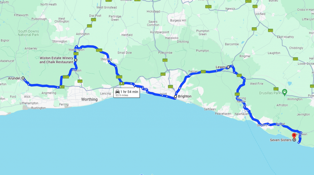 Weekend Road Trip - Sussex with stops on a map