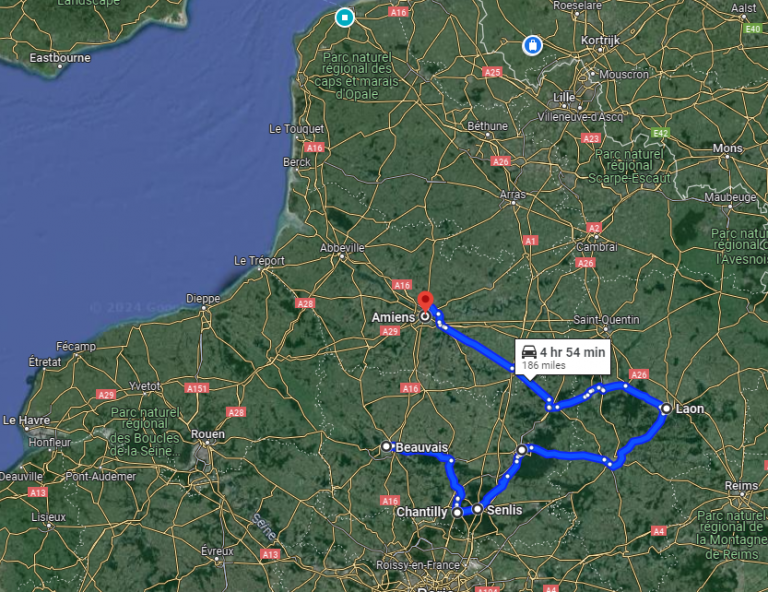 France Road Trip Idea Map of Picardy with road stops, mileage and time to drive