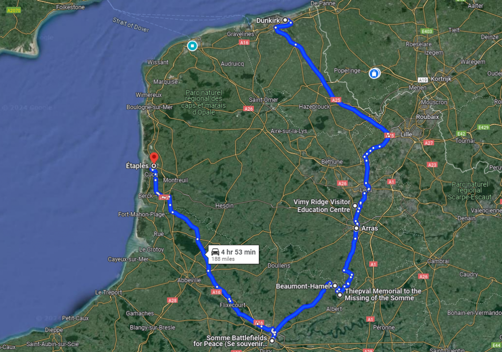 France Road Trip Idea Somme with stop off points on the map