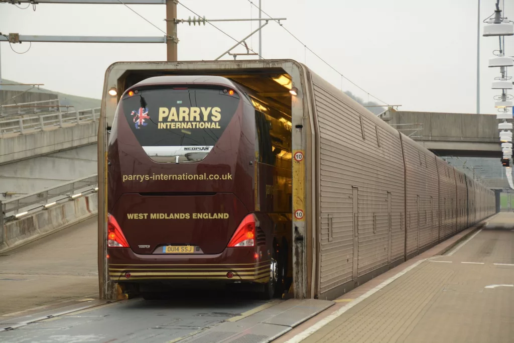 Picture of a bus driving onto the Euro Tunnel to travel to France