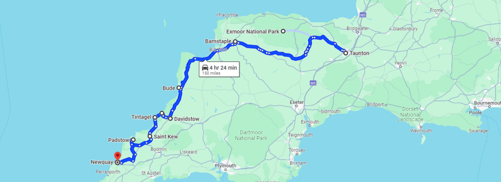 Map of the stops and the route for Atlantic Way Scenic Route in Cornwall