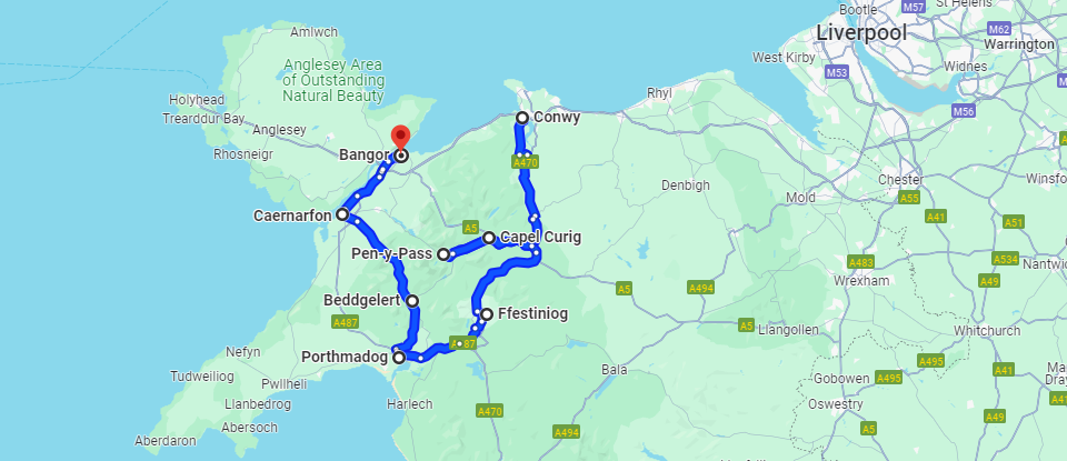 A map of all the stops on the Snowdonia Circuit Scenic Drive in the UK